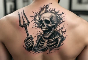 laughing skeleton with a trident, surrounded by fire and water tattoo idea