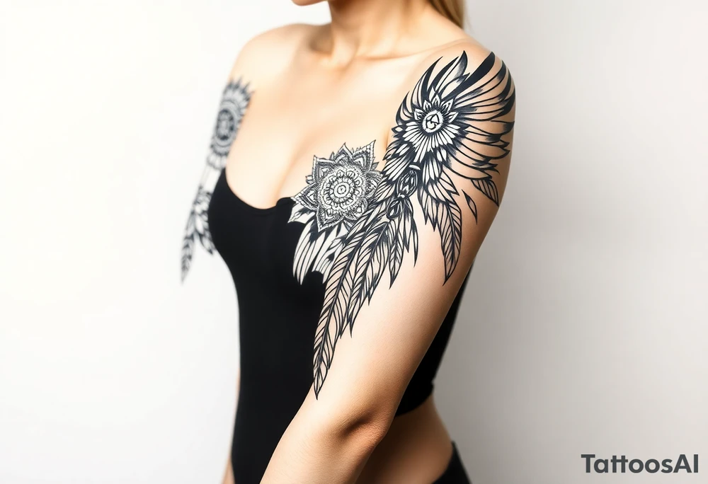 spiritual feather indian mandala shaman tattoo idea