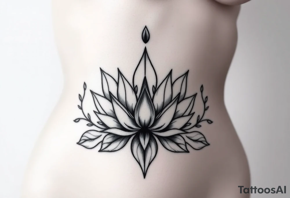 Symmetrical Lotus unalome with stems and leaves underboob tattoo idea