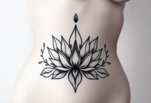 Symmetrical Lotus unalome with stems and leaves underboob tattoo idea
