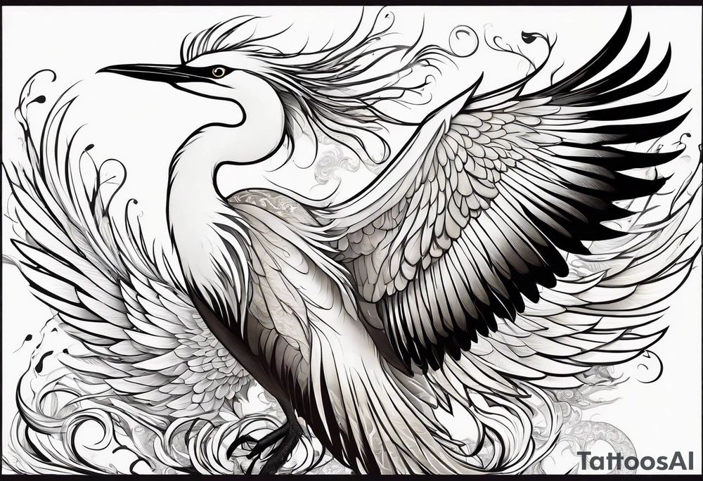 phoenix 
chinese 
egret
long tail 
elegant 
wings down
long neck
long feathers
in flight tattoo idea