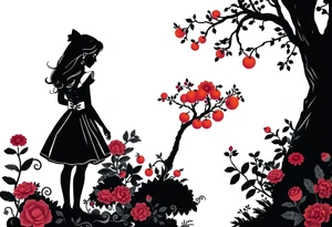 Alice in wonderland silhouette. Perspective from the back. She is entering a garden and seeing an orange tree. tattoo idea