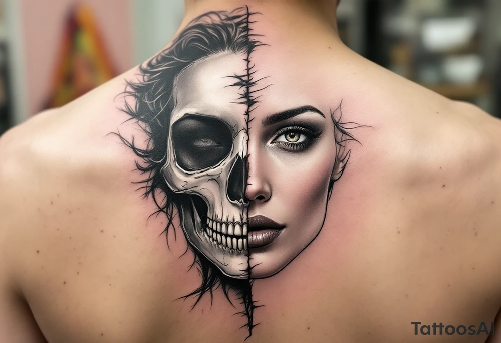 Half-Skeleton, Half-Woman Face – A realistic woman’s face split down the middle, revealing a silver-white skeleton on one side, while the other side remains beautifully human, creating a striking contrast. tattoo idea