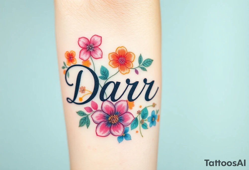 Bold colors, 1 inch font, "Darrell" with lots of whimsical background, add lots of flowers, more background flowers of different colors, sizes and shapes tattoo idea