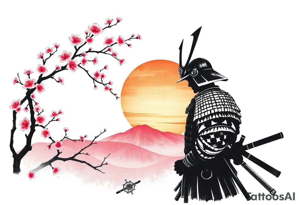 noble samurai warrior silhouette at sunset with cherry blossoms tattoo idea