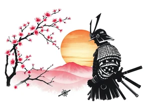 noble samurai warrior silhouette at sunset with cherry blossoms tattoo idea