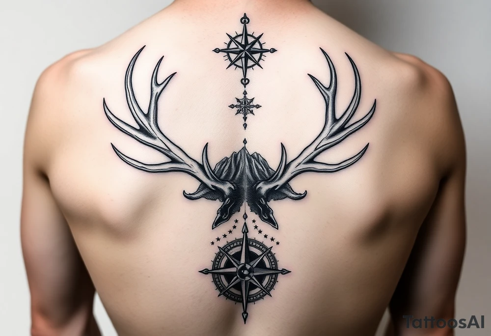 Long Spine tattoo that goes vertically down your spine of elk and deer antlers intertwined , a compass, and mountains tattoo idea