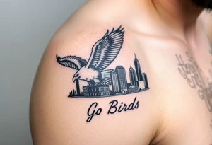 Philadelphia Classic eagle flying over Philadelphia city skyline with Go Birds written under it tattoo idea