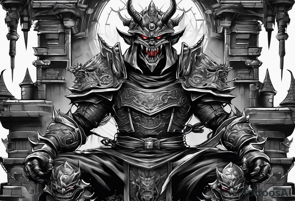 Angry demon Modern robot ninja with demon mask with swords in sitting in his castle tattoo idea