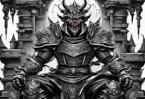 Angry demon Modern robot ninja with demon mask with swords in sitting in his castle tattoo idea