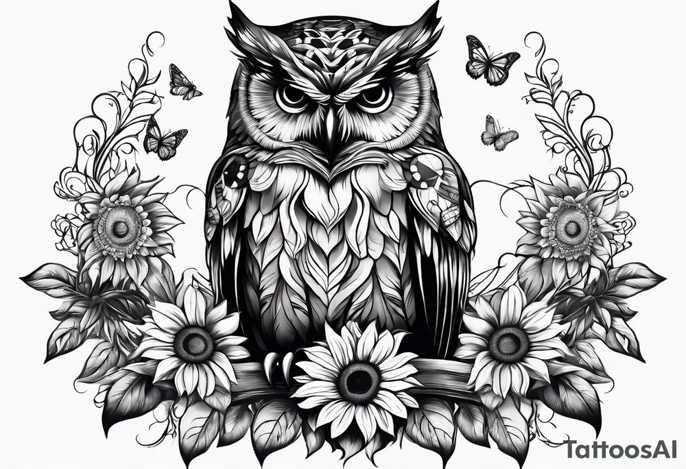 Owl with butterfly and sunflower tattoo idea