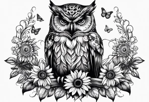 Owl with butterfly and sunflower tattoo idea