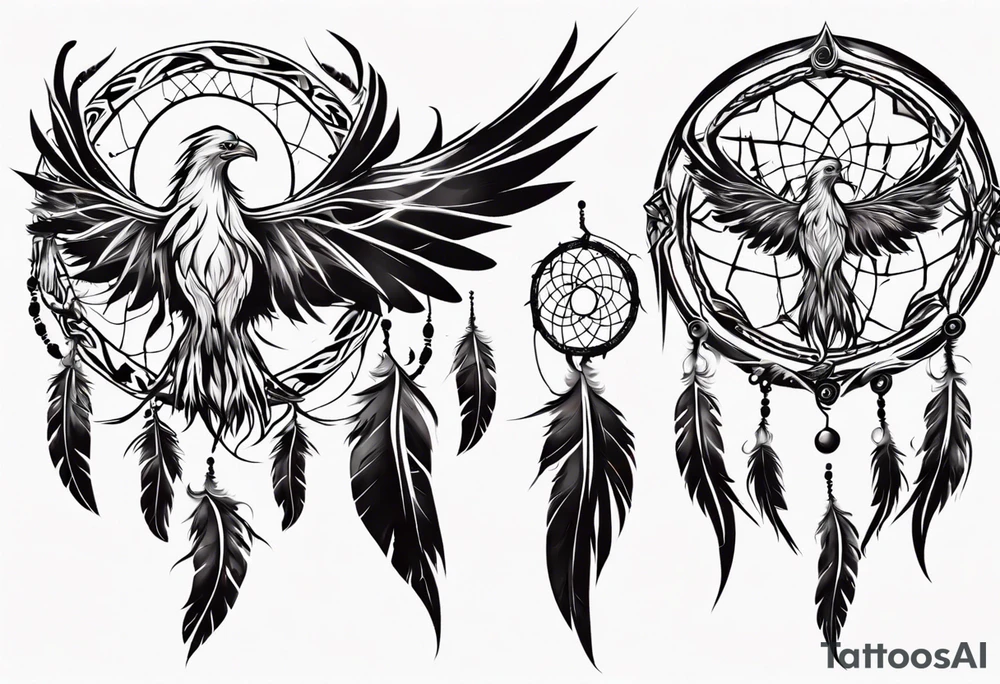 Phoenix flying flaming dream catcher tattoo idea
