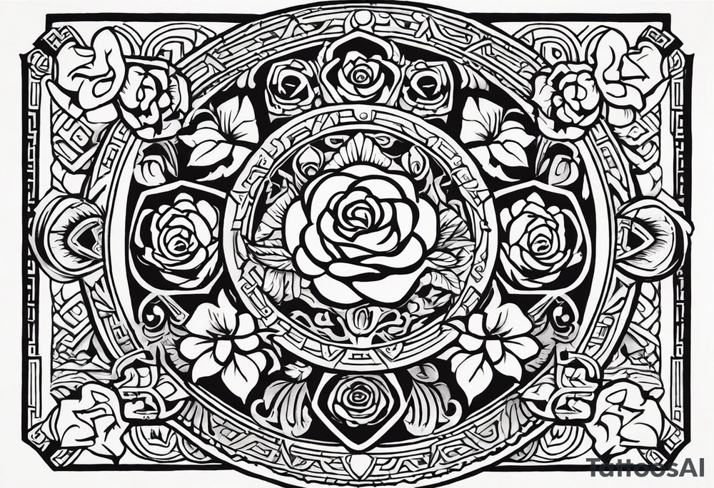 Design a masculine tattoo depicting three delicate rose buds being embraced and protected by 
Aztec weapons. The weapons should include elements such as the macuahuitl (Aztec sword-club), obsidian blades, and shields, arranged in a way that forms a protective circle or embrace around the roses. Carve the entire image as if it were a stone sculpture by an ancient Aztec artist, with the texture resembling intricately detailed stone carvings. The roses should be slightly softer but still stylized in stone, giving the entire tattoo a powerful, yet artistic and ancient feel. Use bold, sharp lines to capture the essence of Aztec craftsmanship tattoo idea