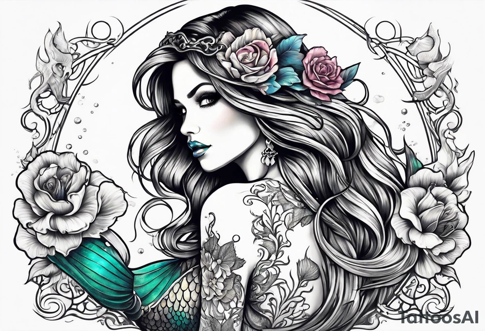 mermaid with skeleton tattoo idea