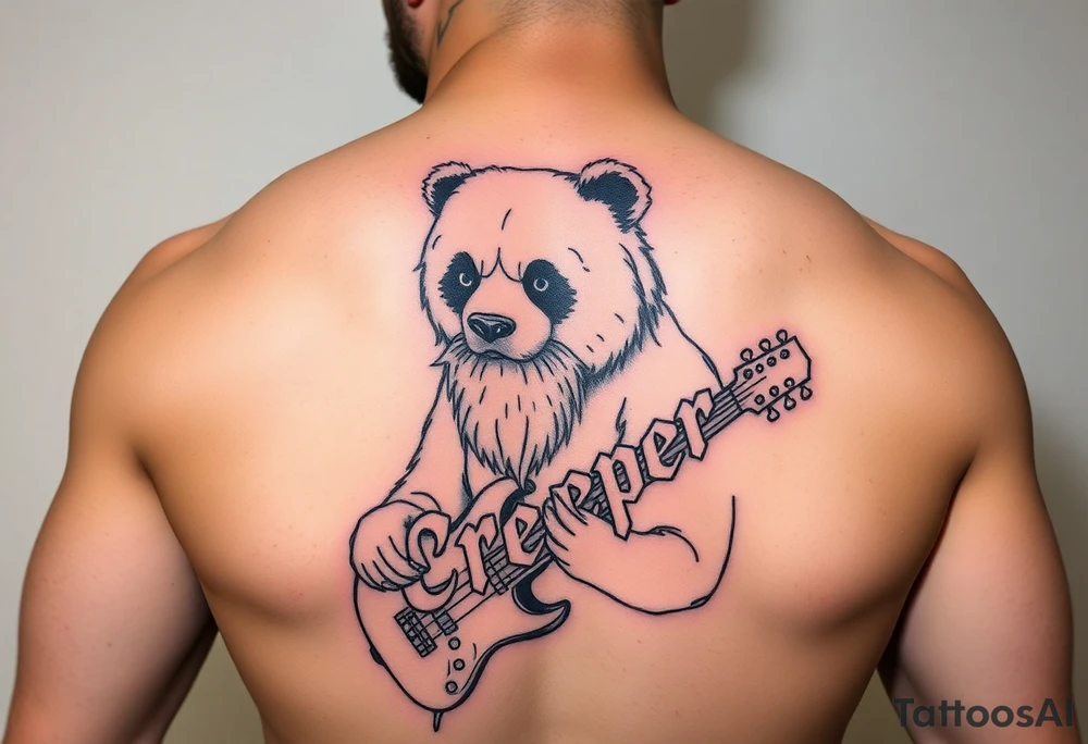 Wrestler, bass playing, tattooed, bearded panda bear with the word creeper in metal band font tattoo idea