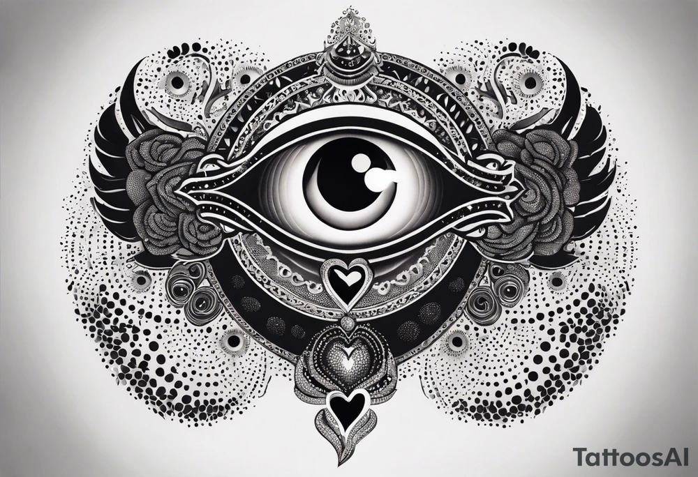 heart surrounded by ring of eyes tattoo idea
