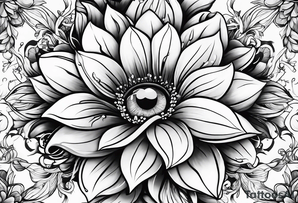 Flower with human eye in the center and petals falling tattoo idea
