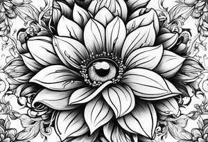 Flower with human eye in the center and petals falling tattoo idea