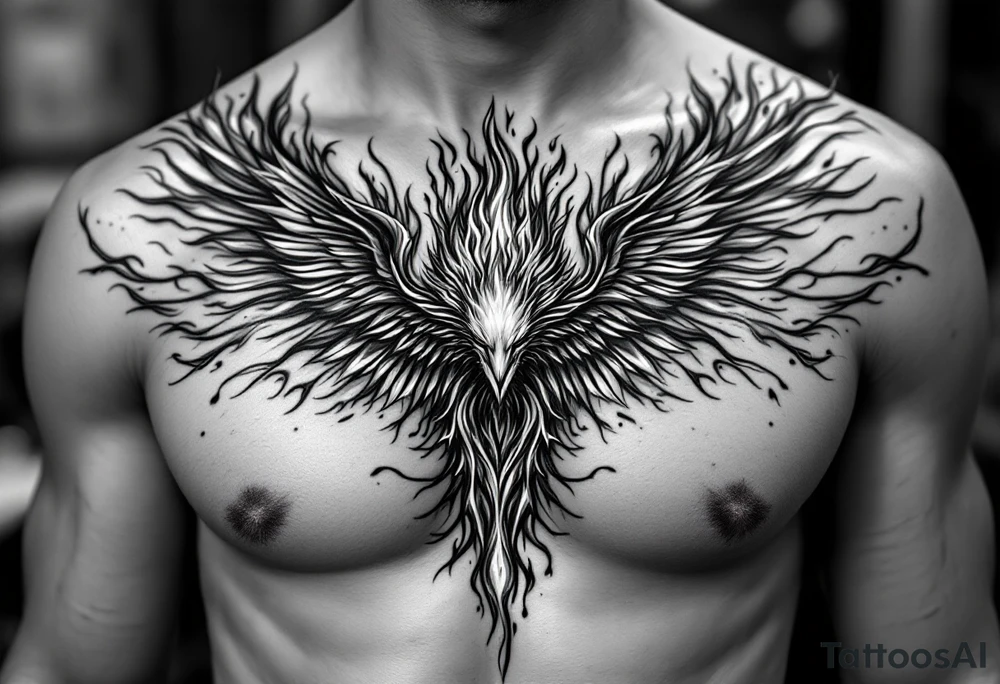 Realistic and symmetrical flaming Phoenix rebirth with spread low wings surrounded by fire mapped onto chest only
Phoenix head must be in the middle of the chest, straight and symmetrical 
Fire should be surrounding spread wings
Wings should be spread low only on chest muscle towards nipples tattoo idea