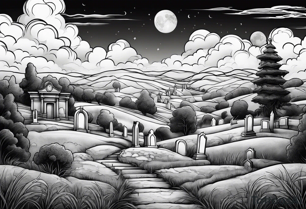 Cemetery on hills with clouds and moon tattoo idea