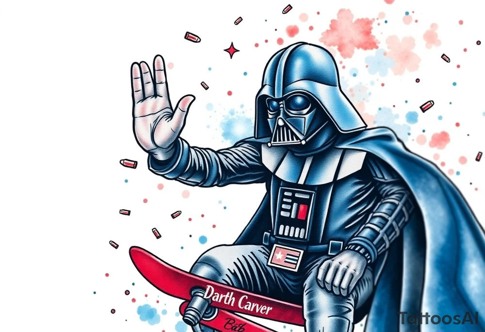 MEMORY TATTOO
Darth Vader skateboarding with hand signal hello in heaven, outdoors, bullets, star wars>blue and red 
"Darth Carter"
12/29/88-01/06/24 tattoo idea
