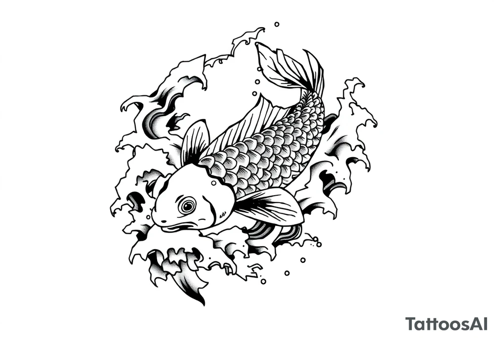traditional koi fish swimming upstream through turbulent waves tattoo idea