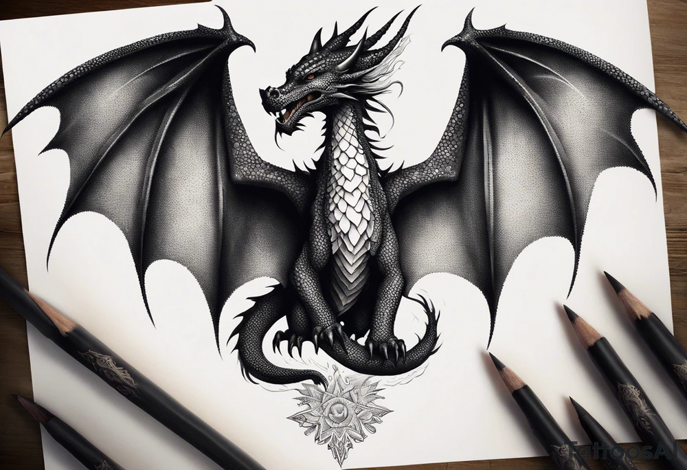 Symmetrical, Realistic dragon, facing forward. With both wings spread out. Torn look to wings. Tails wraps down and has a morning star weapon at the end of tail. The tattoo would be suitable for the centre of a chest tattoo idea