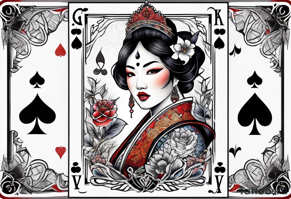 Asian Queen Of Spades sleeve tattoo idea