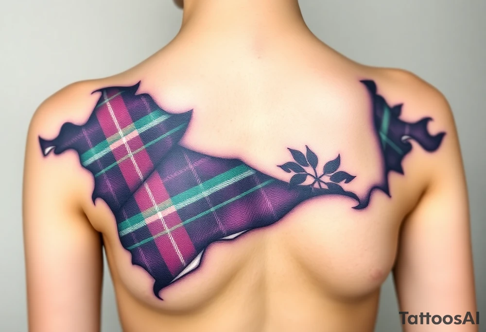 Chest 
Dark Purple with green pink blue and white highlights tartan fabric with skin around edges peeling and wrapping around side of shoulder tattoo idea