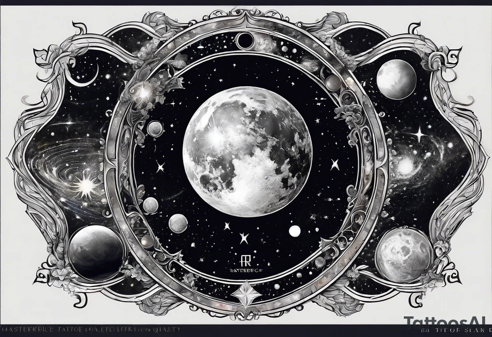 A tattoo featuring a cosmic scene with planets, black holes, and supernovae intertwined with intricate linguistic symbols, reflecting the client's interests in cosmology and linguistics. tattoo idea
