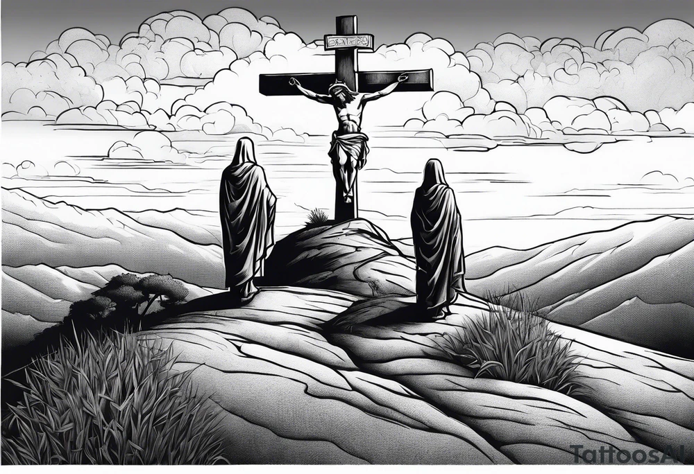 3 people crucified on a hill facing west tattoo idea