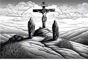 3 people crucified on a hill facing west tattoo idea