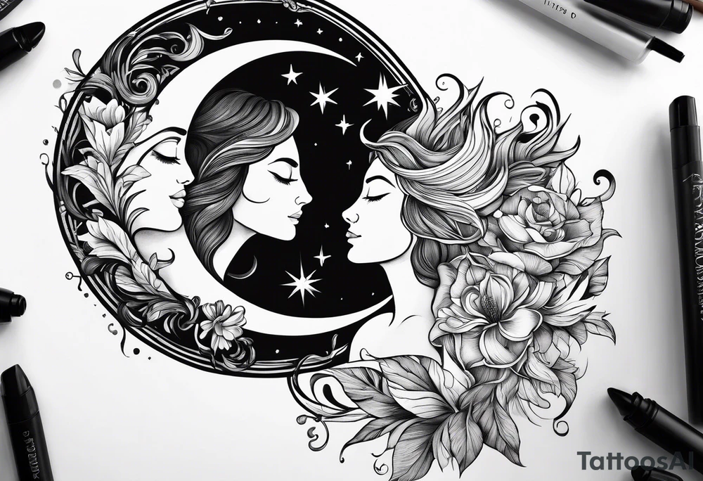 sun and moon for two best friends, two names: Iris and Aurora, tattoo idea