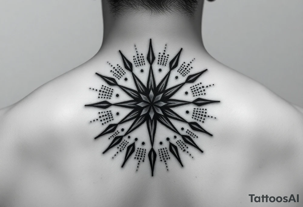 A highly artistic tattoo design with a central focus on a radiant star, symbolizing guidance and empowerment. black and white. small tattoo idea