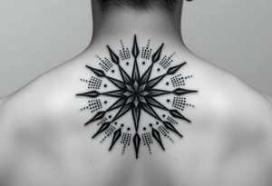 A highly artistic tattoo design with a central focus on a radiant star, symbolizing guidance and empowerment. black and white. small tattoo idea