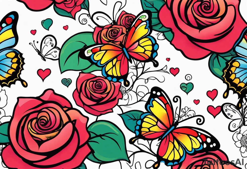 Roses with butterflies and hearts tattoo idea
