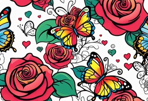 Roses with butterflies and hearts tattoo idea