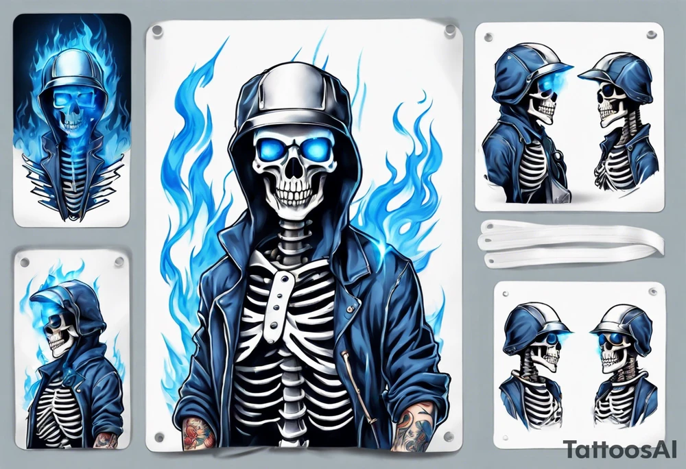 A skeleton welding with blue fire behind, with a welding mask tattoo idea