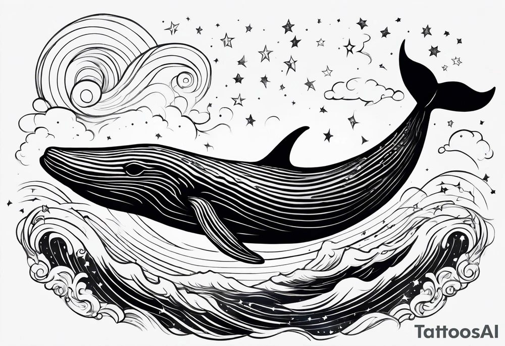 Moby dick inspired sperm whale jumping out of the water with the Virgo constellation in the sky tattoo idea