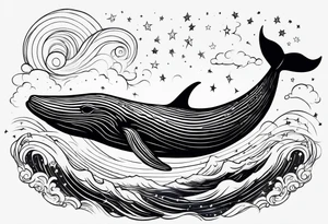 Moby dick inspired sperm whale jumping out of the water with the Virgo constellation in the sky tattoo idea