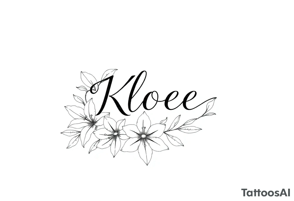 The word Kloee surrounded by lily flowers tattoo idea