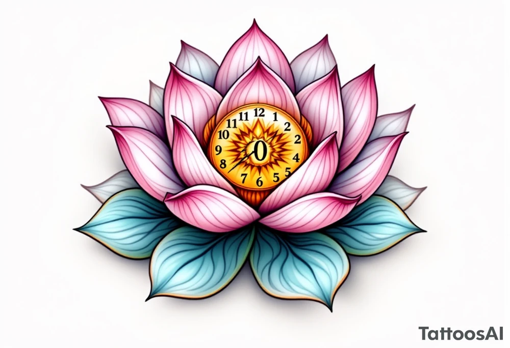 A blooming lotus flower with time numbers embedded in its petals, symbolizing wisdom and growth. tattoo idea