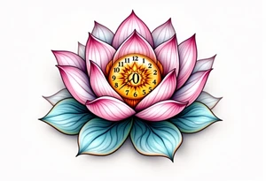 A blooming lotus flower with time numbers embedded in its petals, symbolizing wisdom and growth. tattoo idea