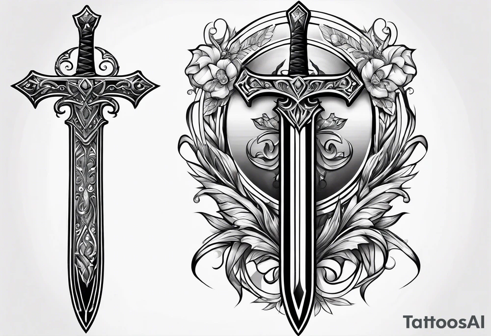 Fantasy sword thin delicate gem tattoo idea