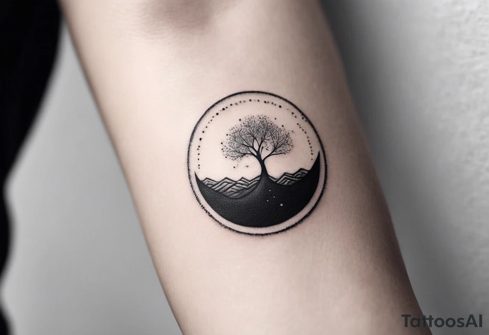 Here’s a description for the fourth idea:

	Minimalist black-and-white tattoo above the inner elbow, featuring an open circle with a small sprouting seed or budding plant inside, symbolizing new life and growth. From the seed, a fine, delicate lifeline extends outward, representing the journey of parent and child together. The design uses thin, clean lines for a simple, elegant, and symbolic look. tattoo idea