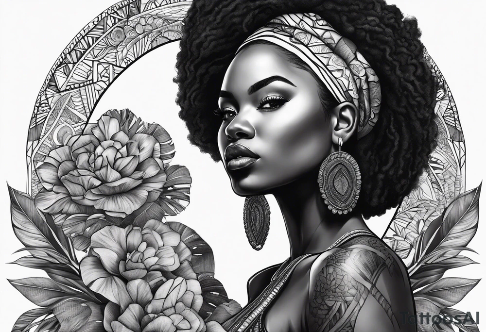 mulher iemanjá africana em preto e cinza com conchas marinhas, fundo da imagem com tons de azul tattoo idea