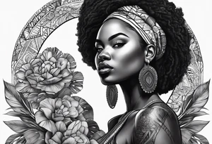 mulher iemanjá africana em preto e cinza com conchas marinhas, fundo da imagem com tons de azul tattoo idea