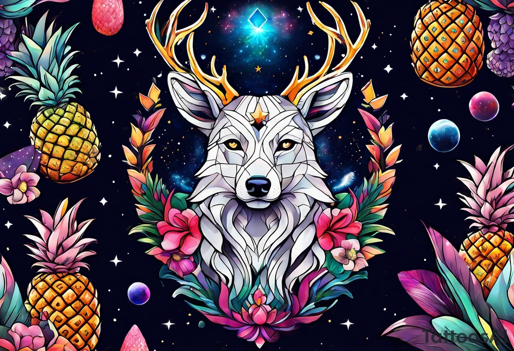 Stag and wolf in Amsterdam featuring colours of the universe and galaxies and amsterdam in the shape of a pineapple tattoo idea