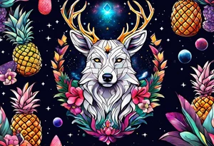Stag and wolf in Amsterdam featuring colours of the universe and galaxies and amsterdam in the shape of a pineapple tattoo idea
